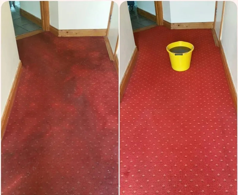 Real before and after carpet cleaning result, red patterned hallway carpet