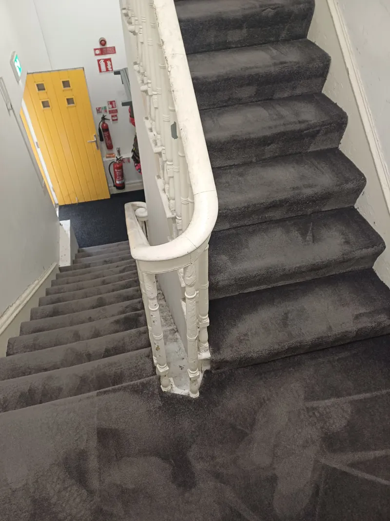 A dark grey carpeted staircase in a stairwell