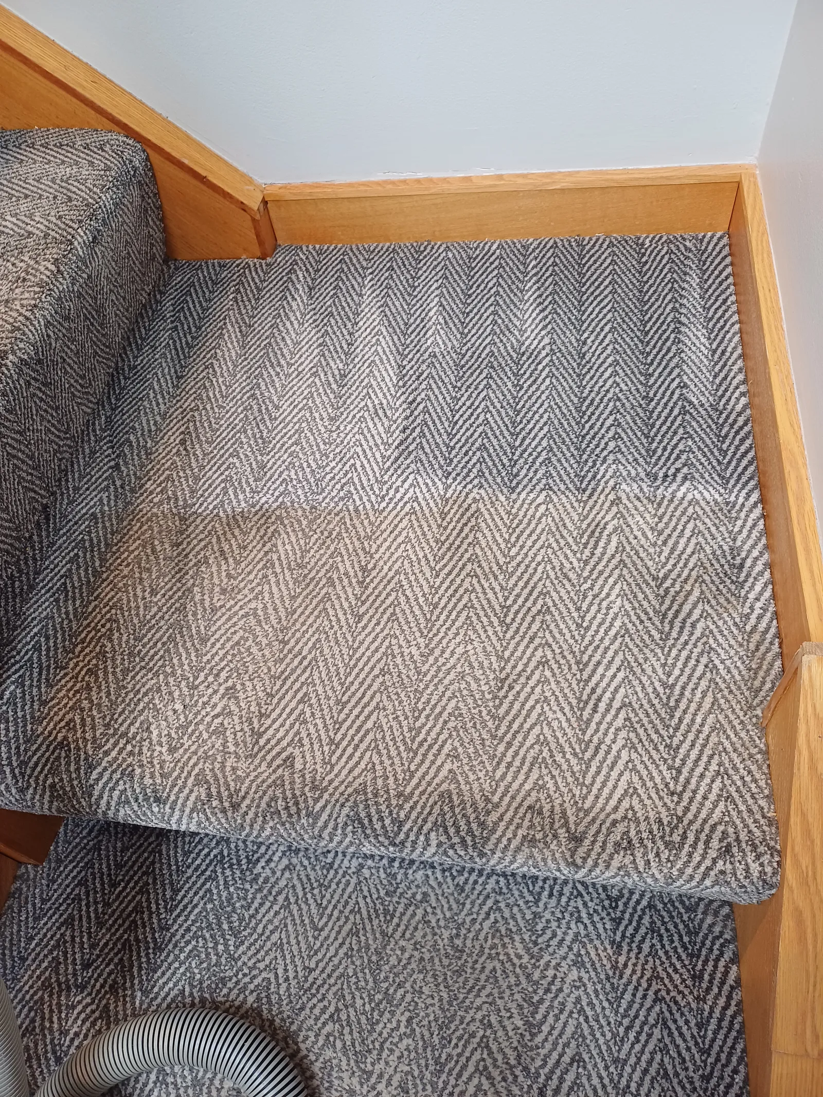 Herringbone-pattern stair carpet being cleaned