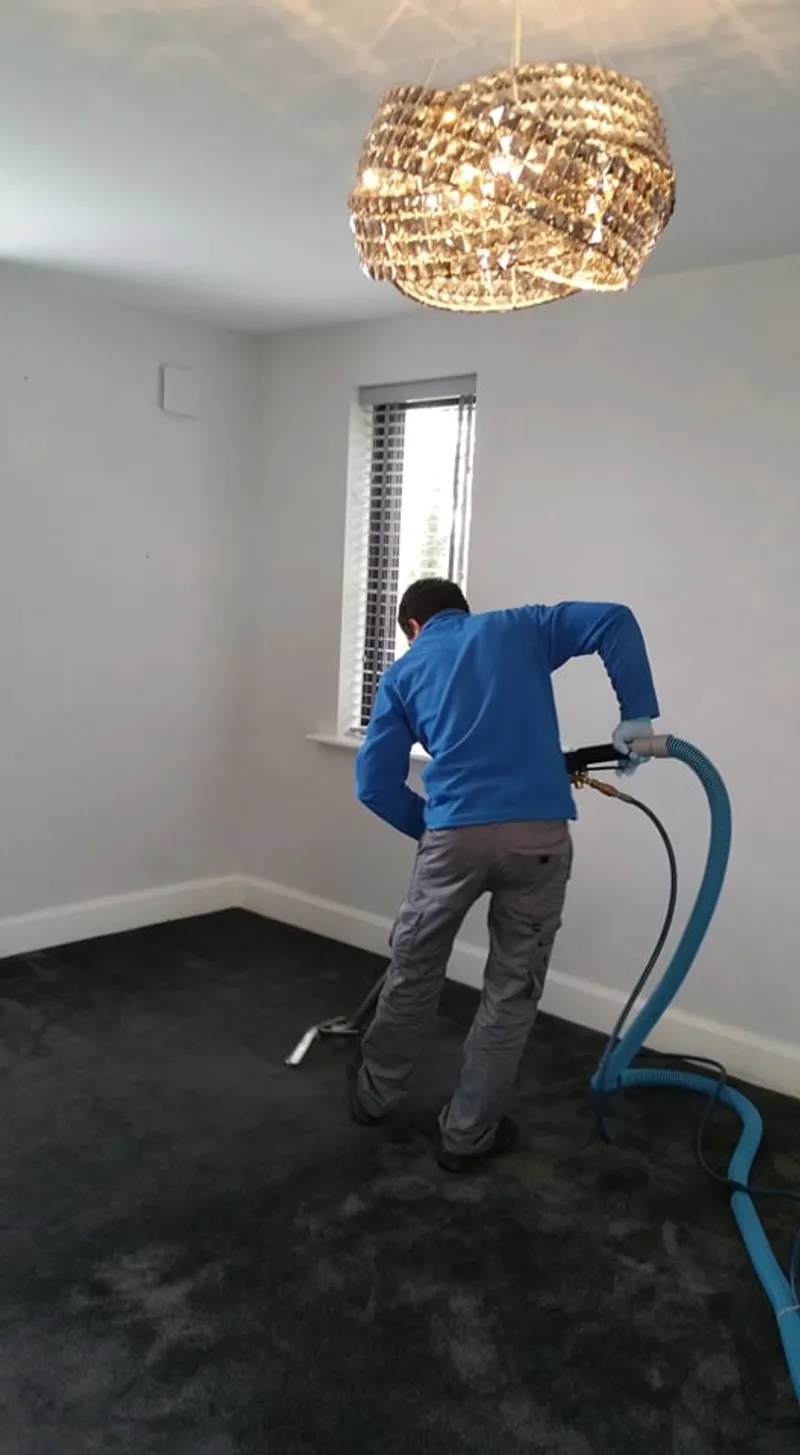 Technician cleaning a living room carpet