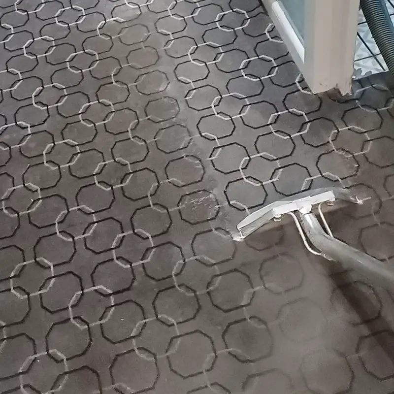A cleaning wand on a grey patterned carpet beside a doorway