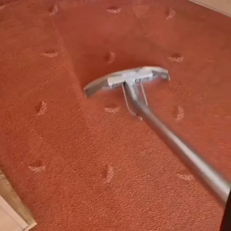 A cleaning wand mid-pass on a red patterned carpet