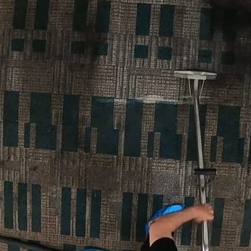 Close-up of carpet cleaning wand in action on patterned carpet