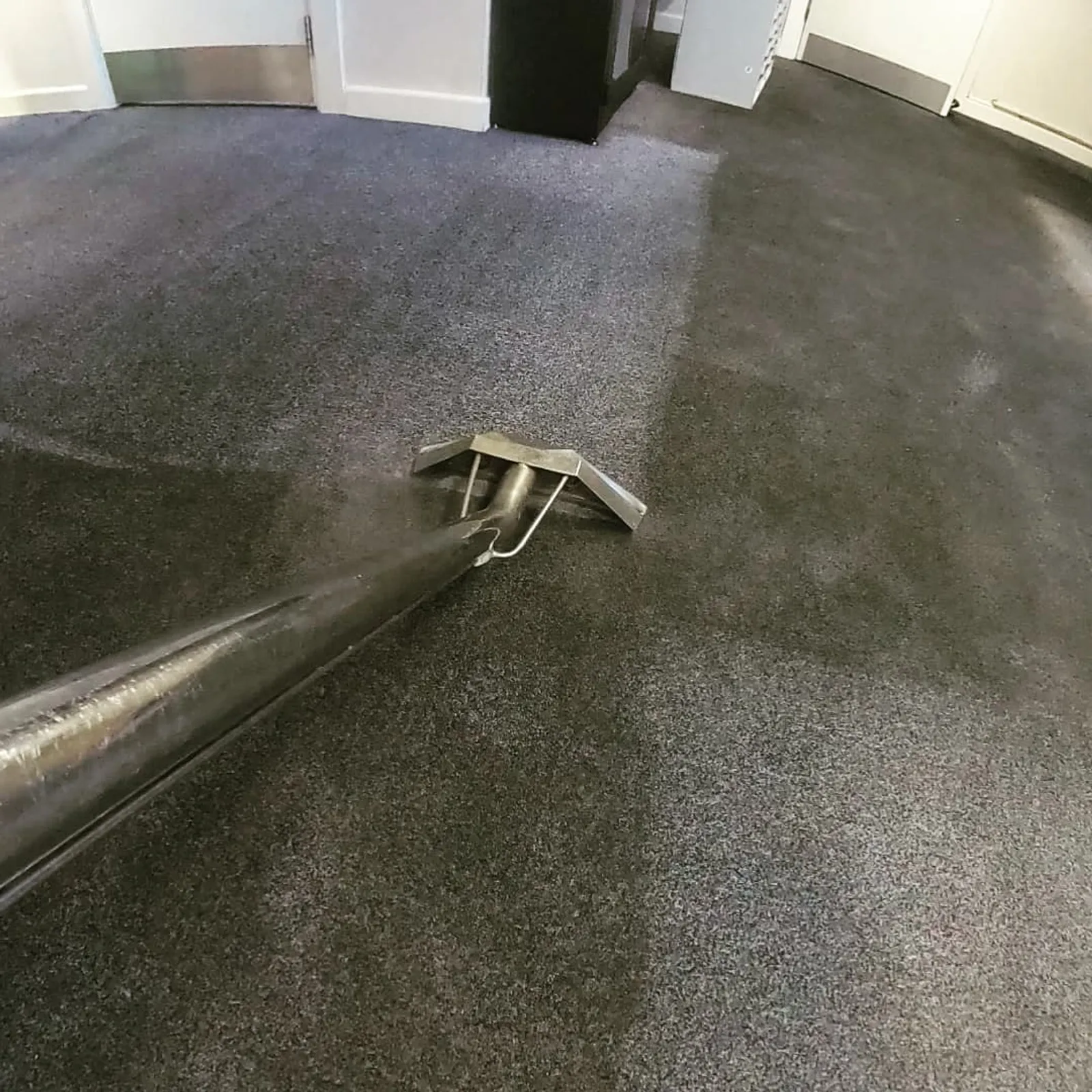 A carpet cleaning wand actively treating a stained section of carpet during a professional clean