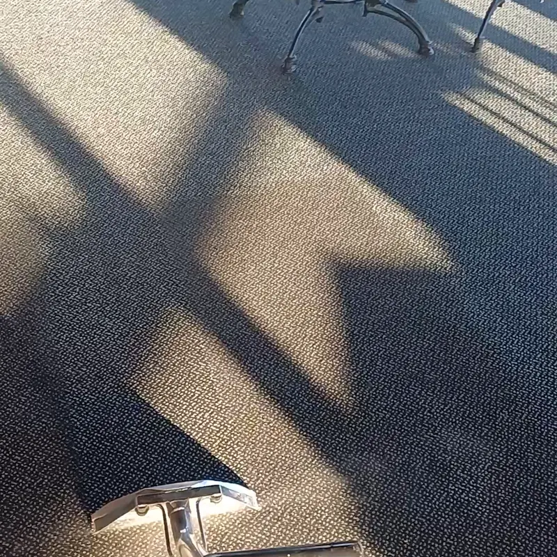 A cleaning wand on a dark commercial carpet in afternoon sun, with bar stools behind