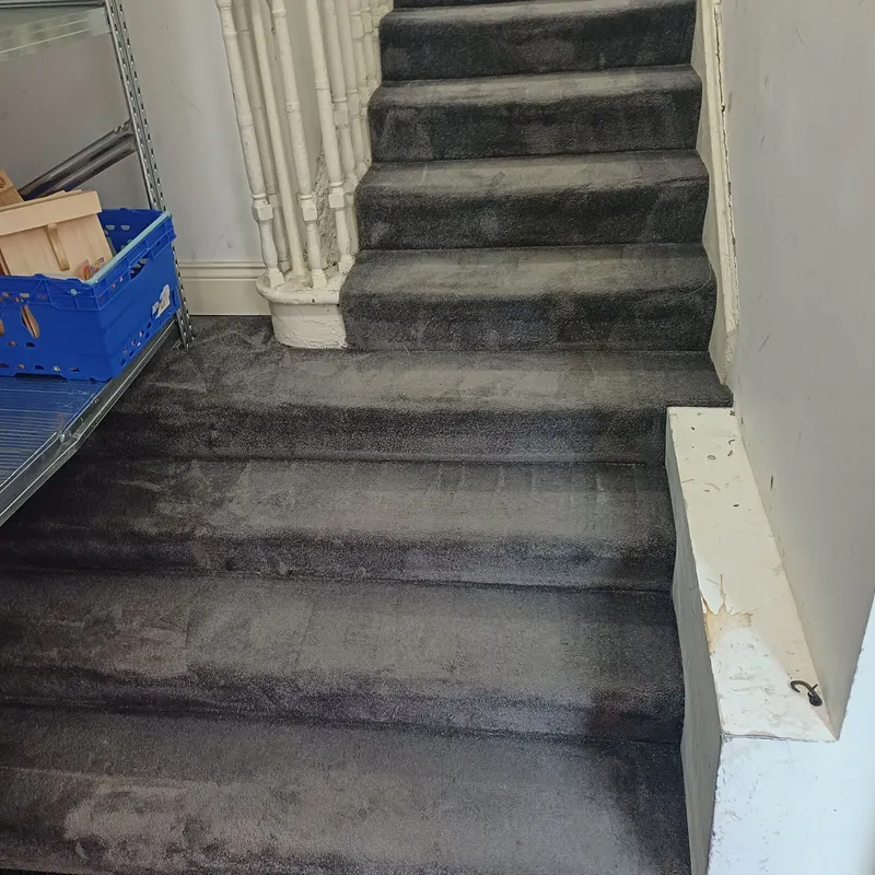 A dark grey carpeted stairwell in a shared building during cleaning
