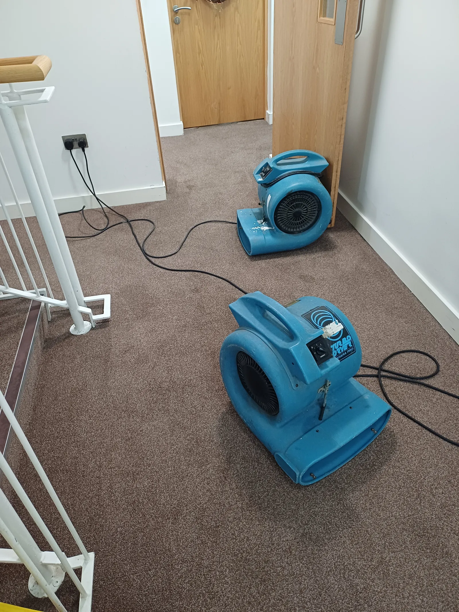 Air movers positioned on a carpet to speed up drying