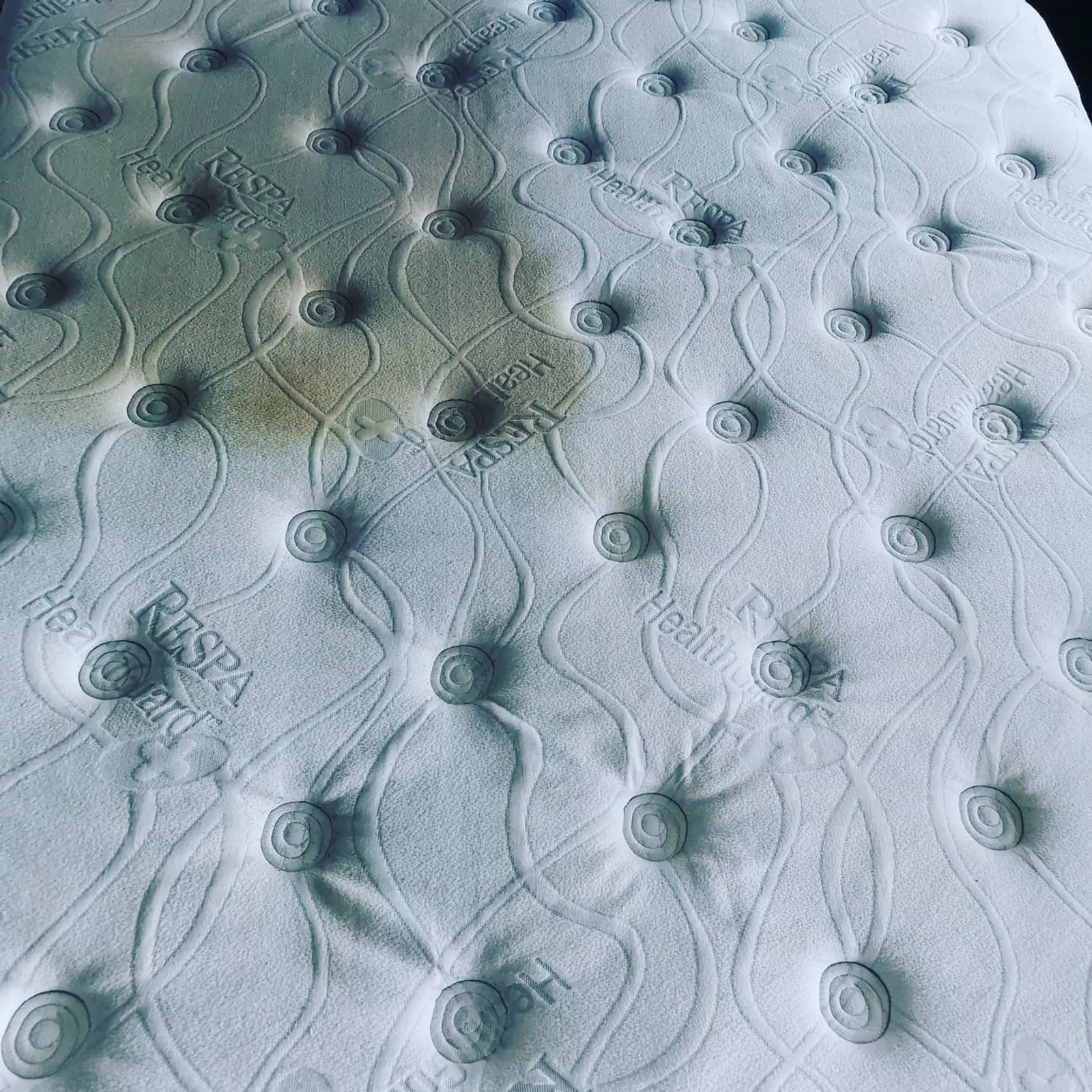 Mattress cleaning before and after, clear dividing line across the surface