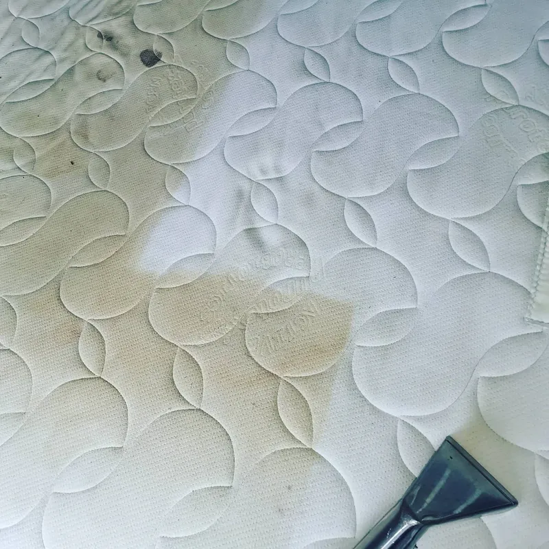 Mattress cleaning close-up, diagonal clean line through stained quilted surface