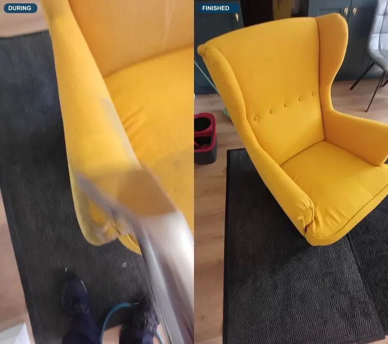 A yellow wing armchair partway through cleaning, and the same chair finished