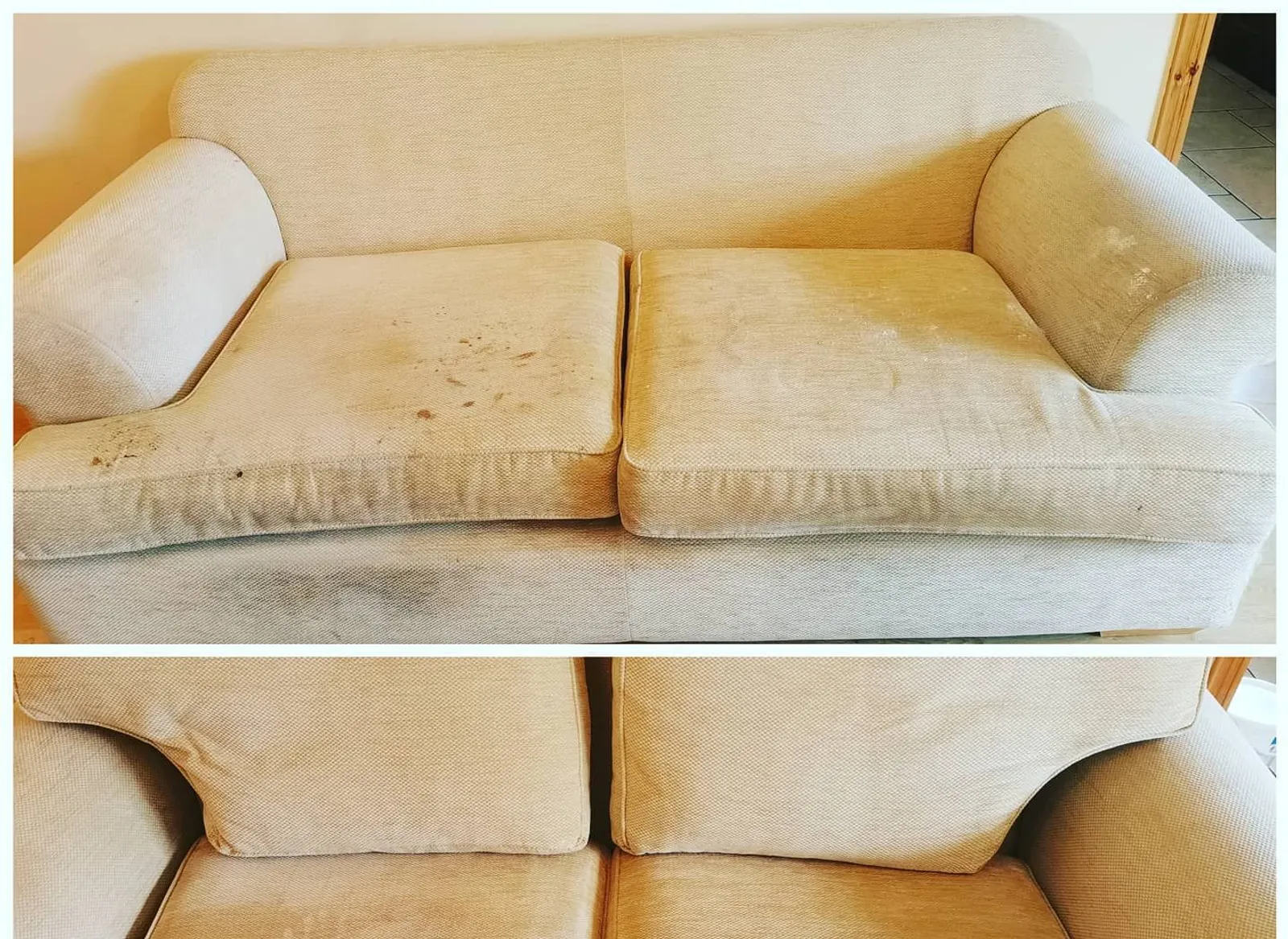 Real sofa cleaning before and after result, stain removal
